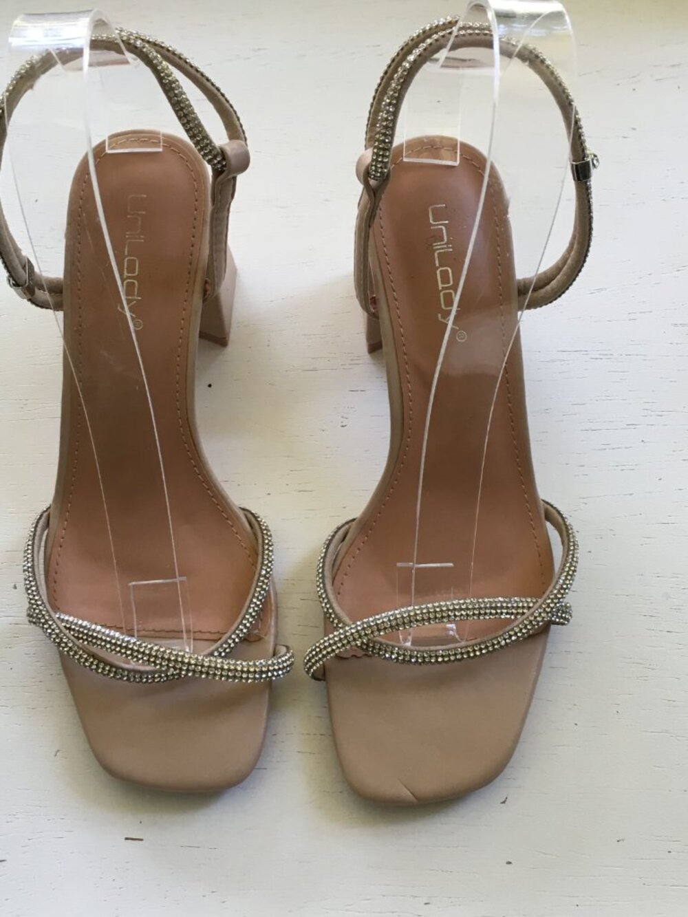 Rhinestone Embellished Block 3" Heel Dress Sandals Nude Size 6